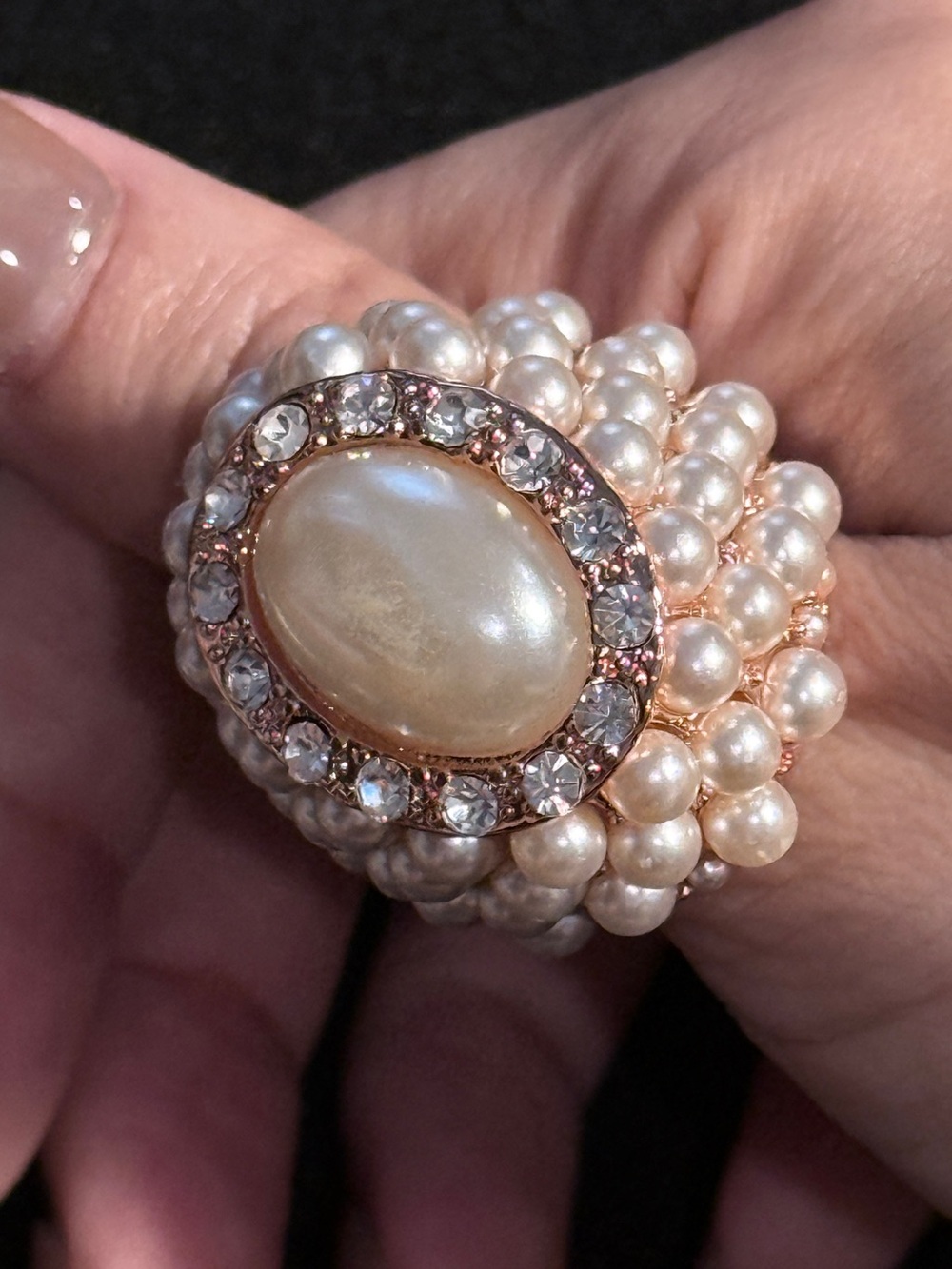 Pearl Cluster Ring with Champagne Cabochon and Crystal Halo- size 9
